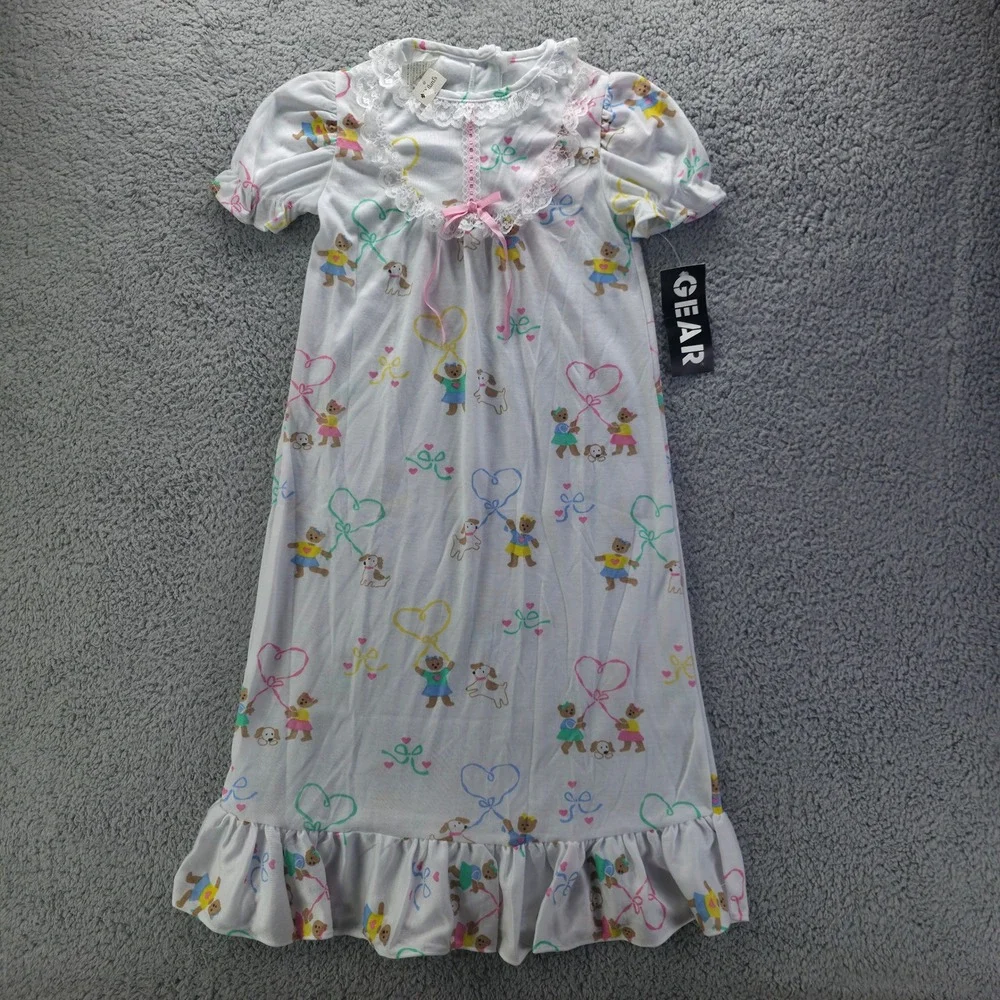 Kid Duds Vintage Girls Nightgown Size 6 White Bear Puppy Lace Ruffle 90s
